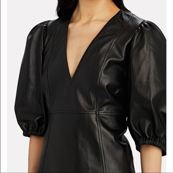Ganni Puff Sleeve V Neck 100% Lamb Leather Dress - Picture 13 of 13